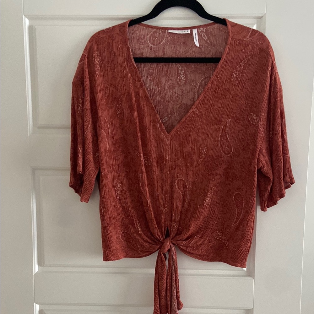 Orange 3/4 Sleeve Crop Blouse with Tie Front